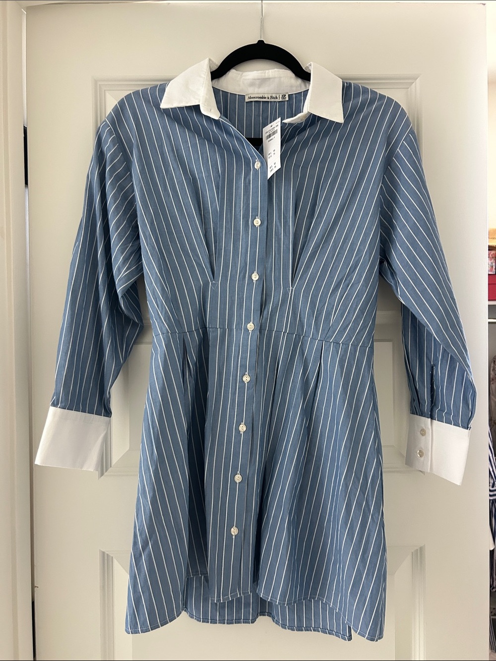 Abercrombie & Fitch Blue Pinstripe Shirt Mini Dress with White Collar